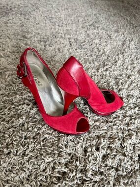 GUESS Red Suede Peep-Toe Heels